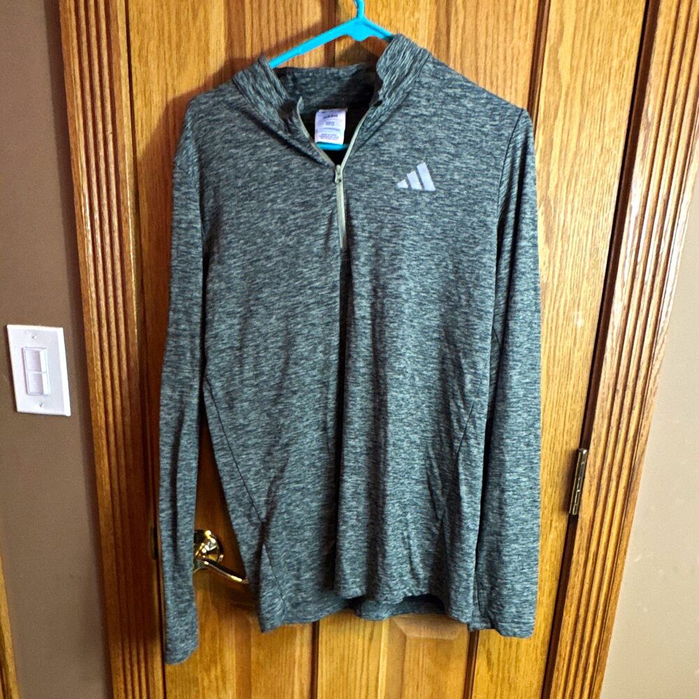adidas Boy's Heather Gray Green Slim Fit 1/4 Zip Mock Neck Pullover XL